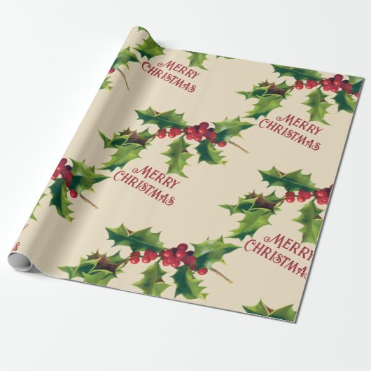 Vintag Holly Christmas Gruß Geschenkpapier (Ungerollt)