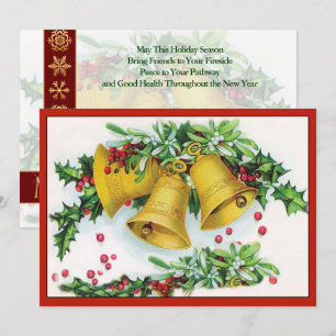 Vintag Holly Covered Gold Weihnachtsglocken Ringin Feiertagskarte