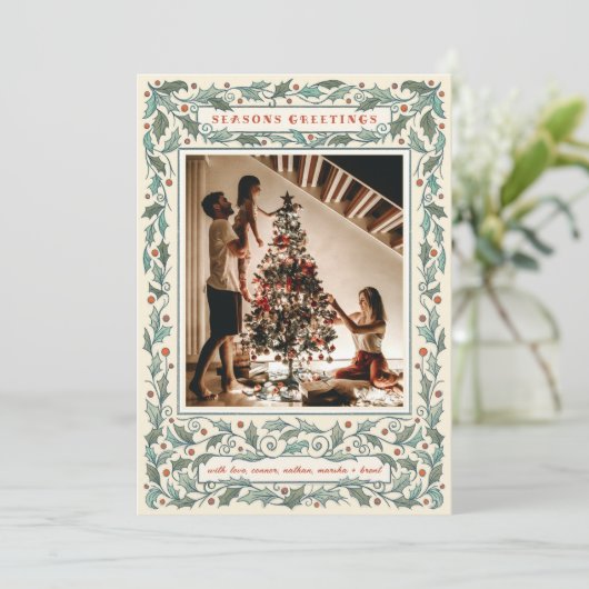 Vintag Holly Foto Feiertagskarte (Stehend Vorderseite)