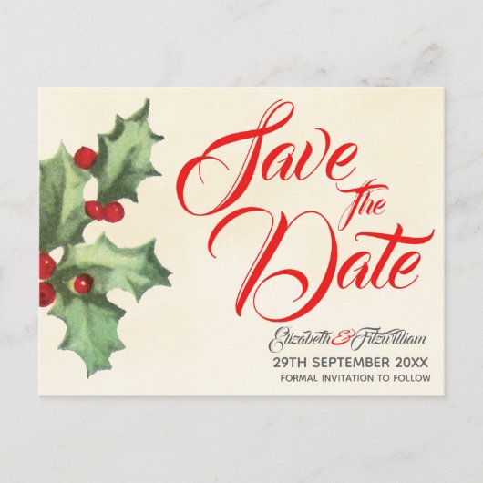 Vintag Holly Save the Date Postkarte (Vorderseite)