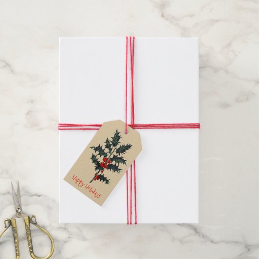 Vintag Holly Sprig Happy Holidays Geschenkanhänger (Mit Garn)