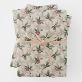 Vintag Holly und Berries Geschenkpapier Set