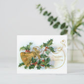 Vintag Holly und Gold Bell Postkarte (Stehend Vorderseite)