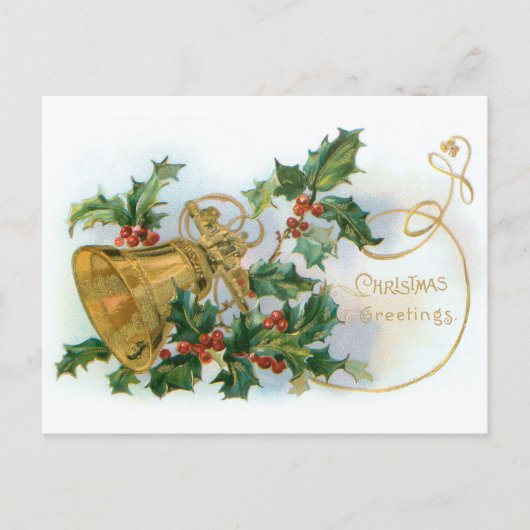 Vintag Holly und Gold Bell Postkarte (Vorderseite)