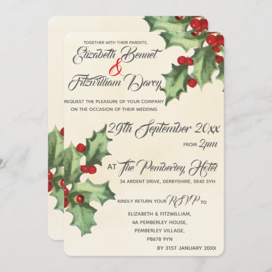 Vintag Holly Wedding Einladung (Vorne/Hinten)