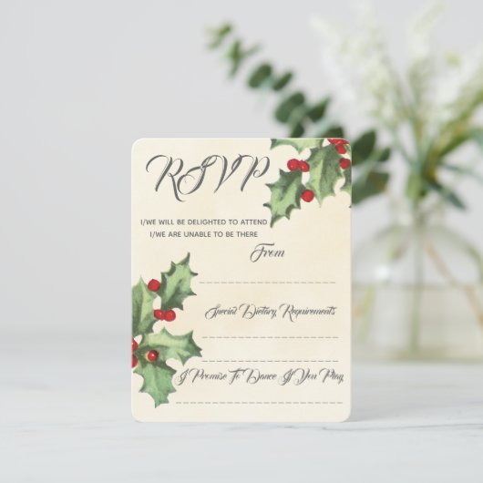 Vintag Holly Wedding RSVP (Stehend Vorderseite)
