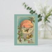 Vintag Holly, Weihnachtsglocken und Schneeszene Postkarte (Stehend Vorderseite)