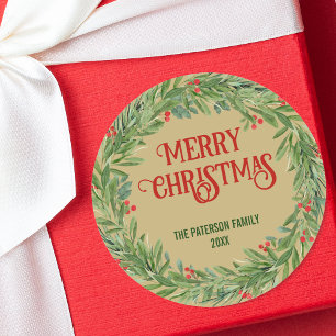 Vintag Holly Wreath Family Name Weihnachtsgold Runder Aufkleber