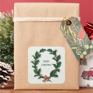 Vintag Holly Wreath Frohe Weihnachten Quadratischer Aufkleber