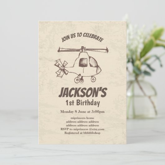 Vintag, Hubschrauber, Einladung zum Geburtstag (Stehend Vorderseite)