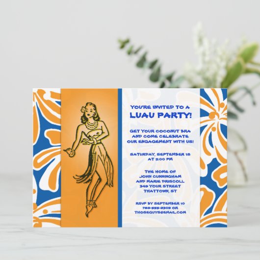 Vintag Hula Dancer Luau Einladung (Stehend Vorderseite)