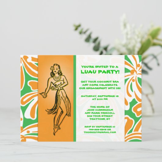 Vintag Hula Dancer Luau Einladung (Stehend Vorderseite)