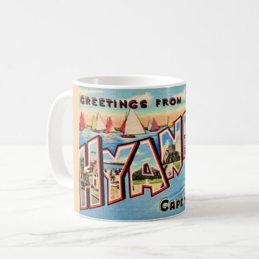 Vintag Hyannis MA Greetings Tasse (Vorderseite Links)