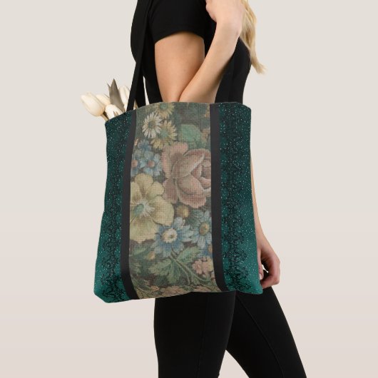 Vintag Inspiriert Blumenbüschel und Dunkel Aquamar Tasche (Von Nahem)