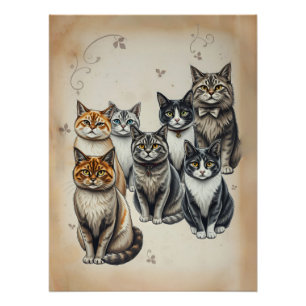 Vintag Inspiriert Cat Family Portrait Poster