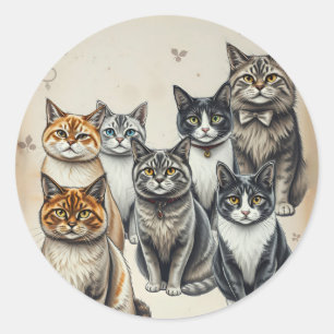 Vintag Inspiriert Cat Family Portrait Runder Aufkleber