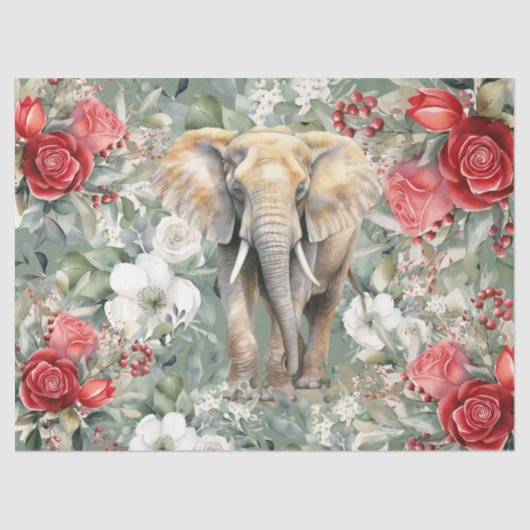 Vintag Inspiriert Elefant & Rote Rosen Dekoupage Seidenpapier (Vorderseite)