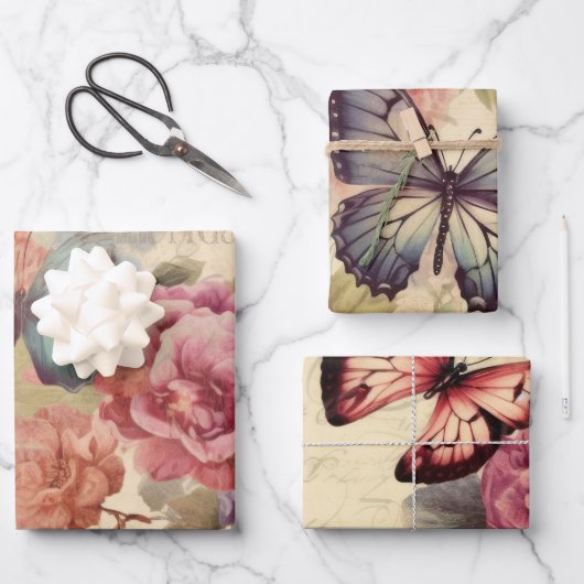 Vintag Inspiriert Florals & Butterfliegen Geschenkpapier Set (Vorderseite)