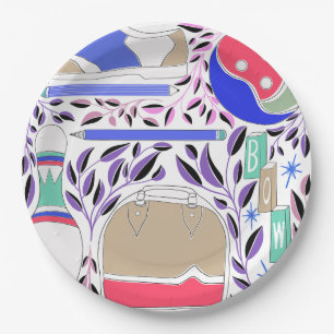 Vintag Inspiriert Folk Art Bowling Button und Tasc Pappteller