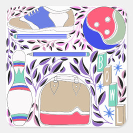 Vintag Inspiriert Folk Art Bowling Button und Tasc Quadratischer Aufkleber