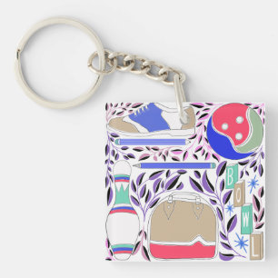 Vintag Inspiriert Folk Art Bowling Button und Tasc Schlüsselanhänger