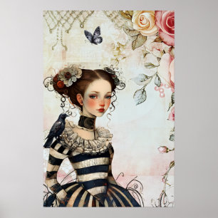 Vintag Inspiriert Goth Girl Watercolor Rose Raven Poster