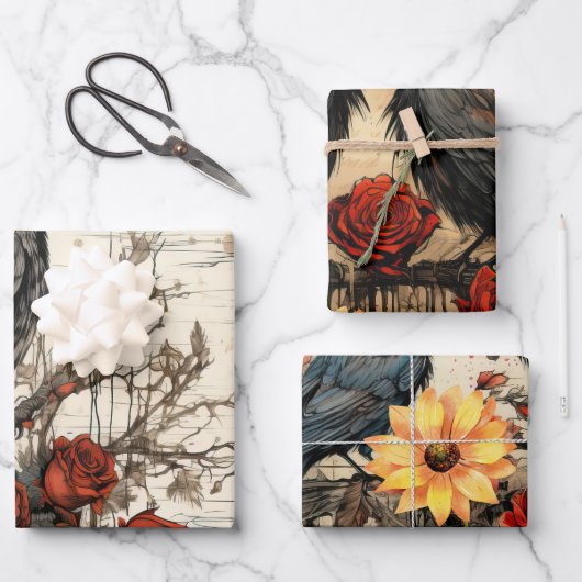 Vintag Inspiriert Sonnenblumen Rote Rosen Raven Geschenkpapier Set (Vorderseite)