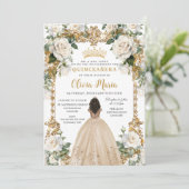 Vintag Ivory Champagne Blumenkleid Quinceanera Einladung (Stehend Vorderseite)