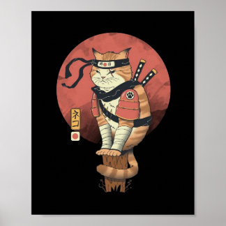 Vintag Japanisch Retro Sushi Samurai Neko Cat T-Sh Poster
