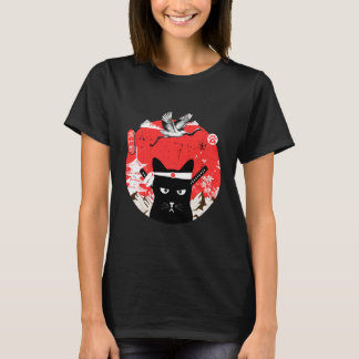 Vintag Japanisch Samurai schwarze Katze T-Shirt