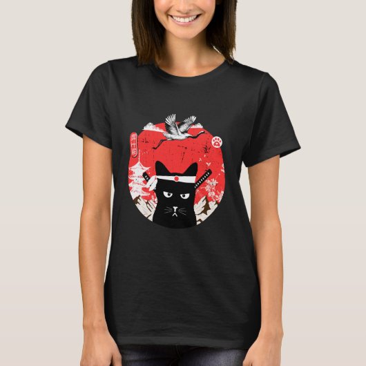 Vintag Japanisch Samurai schwarze Katze T-Shirt (Vorderseite)