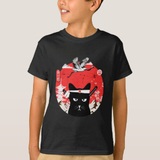 Vintag Japanisch Samurai schwarze Katze T-Shirt