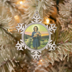 Vintag Jesus Christus der Hirte mit Baby Lamb Schneeflocken Zinn-Ornament