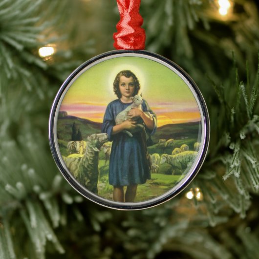 Vintag Jesus Christus der Hirte mit Baby Lamb Silbernes Ornament (Baum)