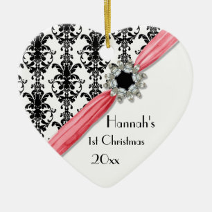 Vintag Jewel Buckle Schwarz-weiß Damask Ribbon Keramikornament