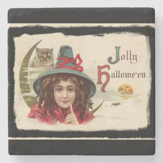 Vintag Jolly Halloween Hexe Steinuntersetzer (Vorderseite)