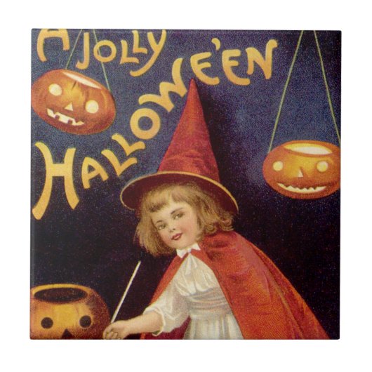 Vintag Jolly Halloween Hexe von Ellen Clapsaddle Fliese (Vorderseite)