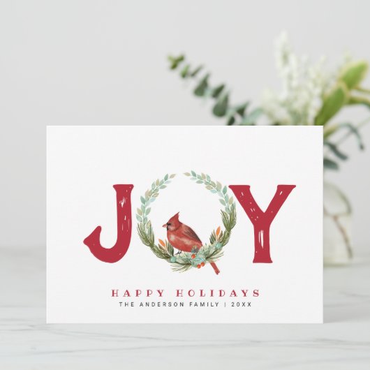 Vintag Joy Red Bird Wreath Grußkarte (Stehend Vorderseite)