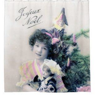 Vintag Joyeux Noël mit Girl and Doll Duschvorhang