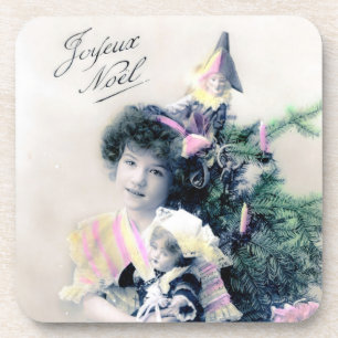 Vintag Joyeux Noël mit Girl and Doll Getränkeuntersetzer