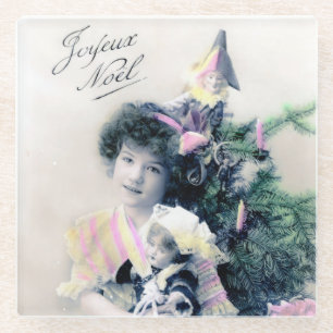 Vintag Joyeux Noël mit Girl and Doll Glasuntersetzer