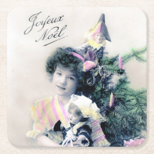 Vintag Joyeux Noël mit Girl and Doll Rechteckiger Pappuntersetzer