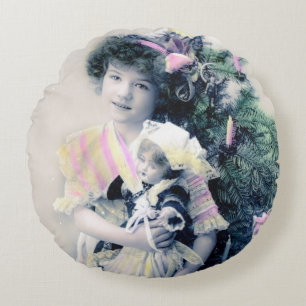 Vintag Joyeux Noël mit Girl and Doll Rundes Kissen