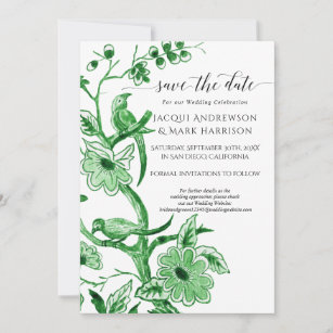 Vintag Kelly Green White Chinoiserie Floral Save The Date