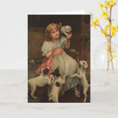 Vintag - kleines Mädchen und ihre Haustiere, Karte (Gelbe Blume)