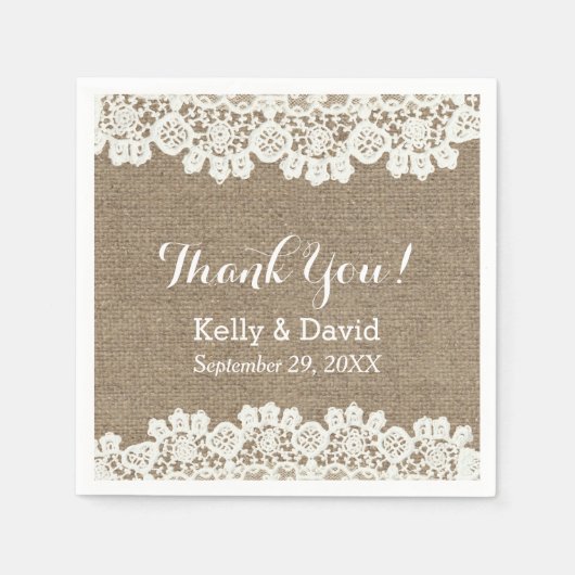 Vintag Lace & Burlap Rustic Wedding Vielen Dank Serviette (Vorderseite)