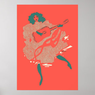 Vintag Lachs Aquamarine Gitarre Frau Musikerin Küh Poster