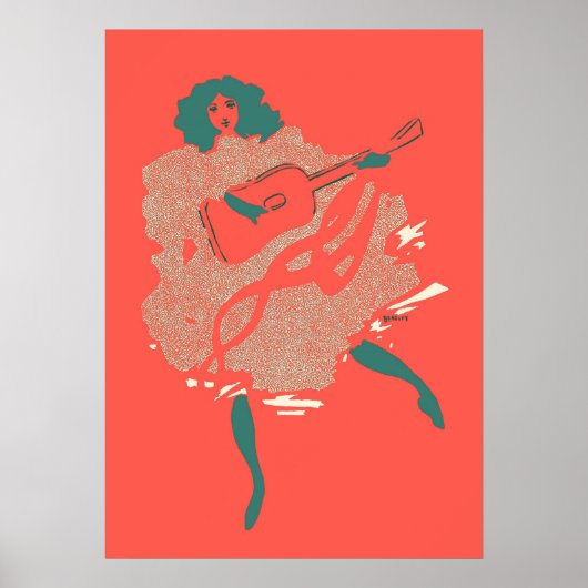 Vintag Lachs Aquamarine Gitarre Frau Musikerin Küh Poster (Vorne)