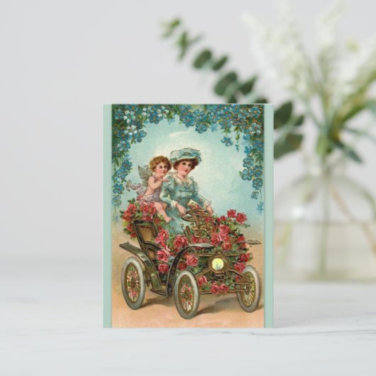Vintag Lady Auto mit Engel Postkarte (Stehend Vorderseite)