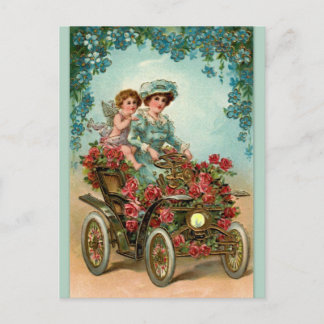 Vintag Lady Auto mit Engel Postkarte
